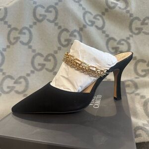 Vince Camuto Ashna Black Leather Chain Slip-On Heels